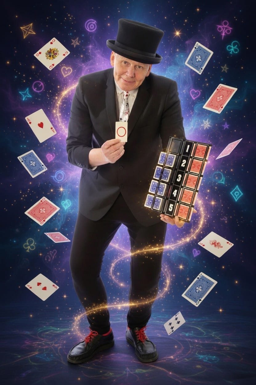 Tryllekunstner med korttricks og magisk baggrund