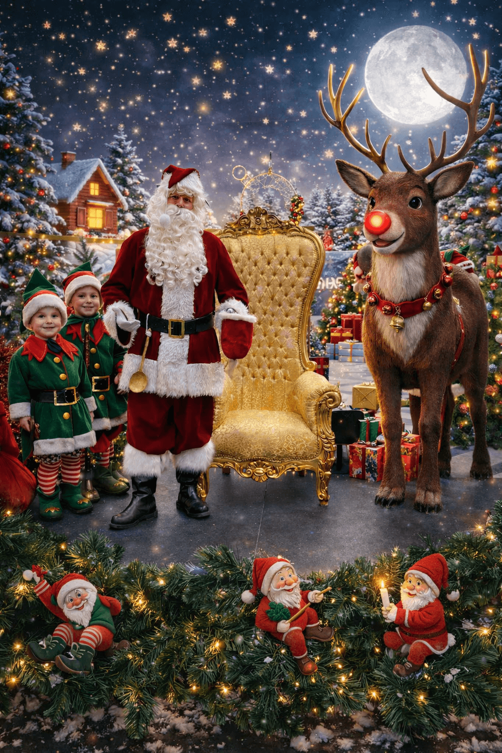 Julemand, rensdyr og nisser foran sneklædt baggrund.