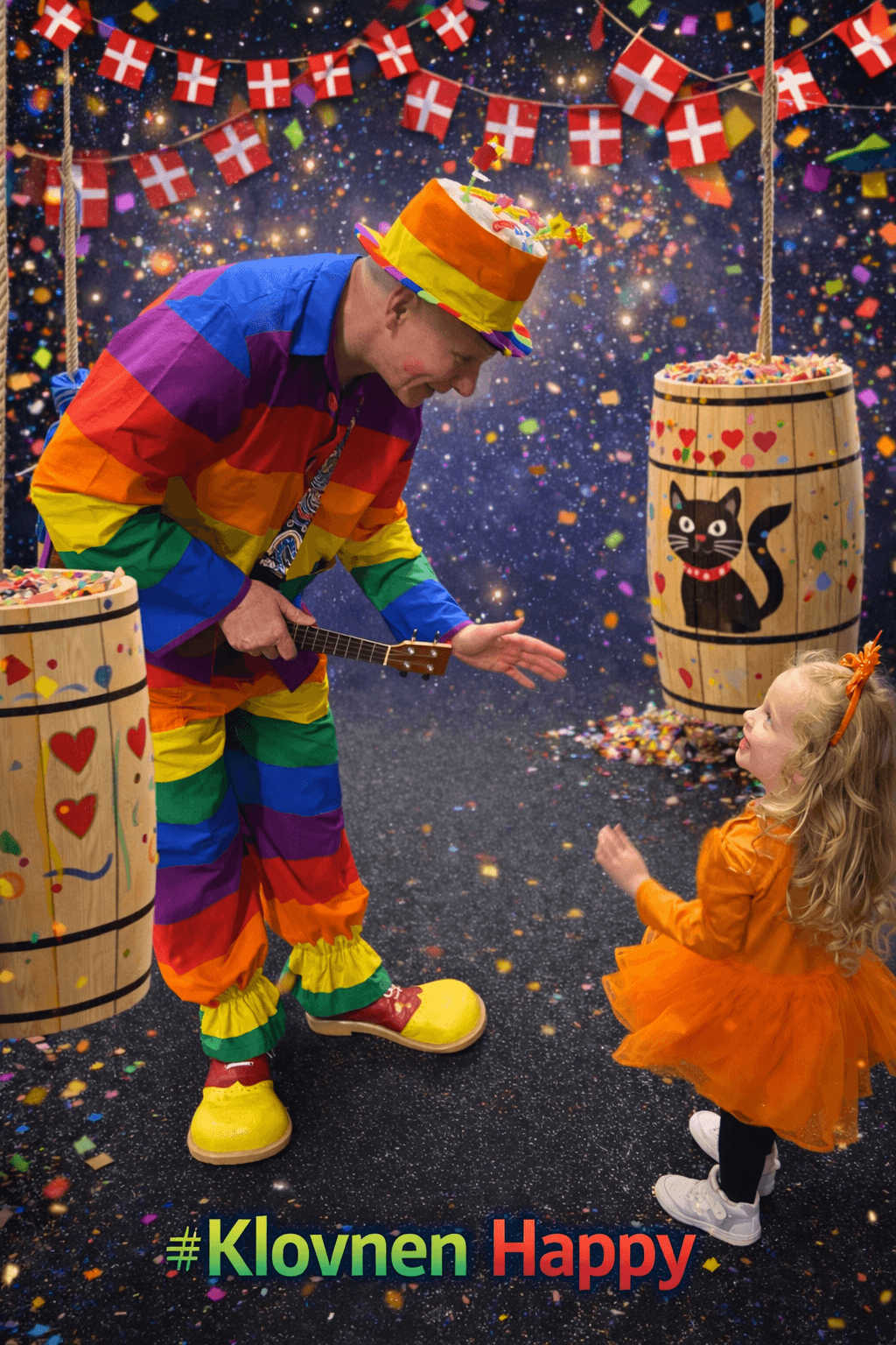 Klovn i regnbuefarver leger med pige