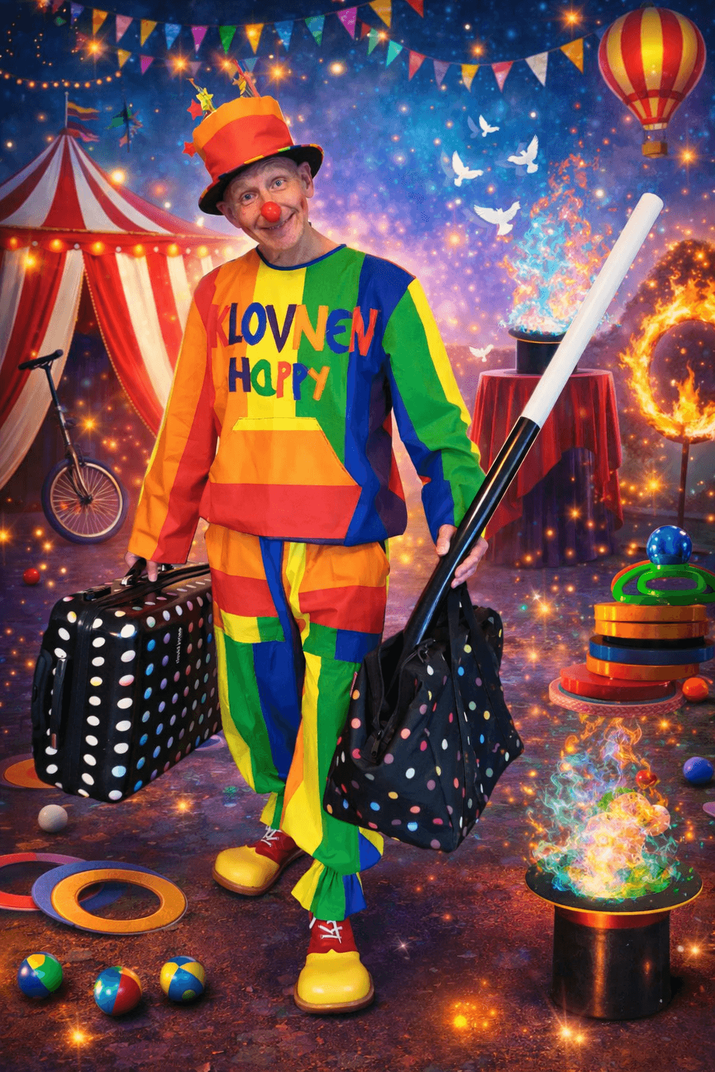 Farverig klovn med cirkusbaggrund