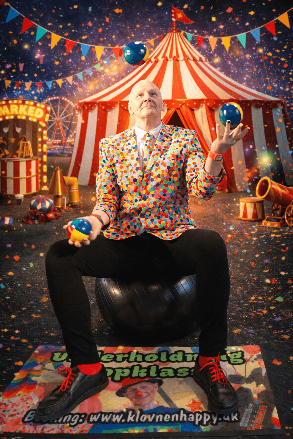 Farverig klovn jonglerer foran cirkustelt.