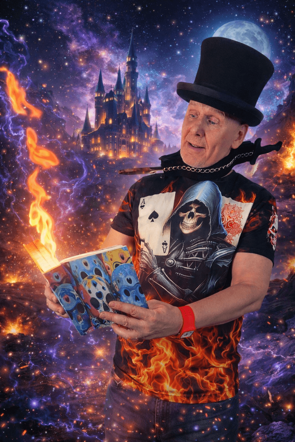 Mand i magisk kostume med flammende bog.